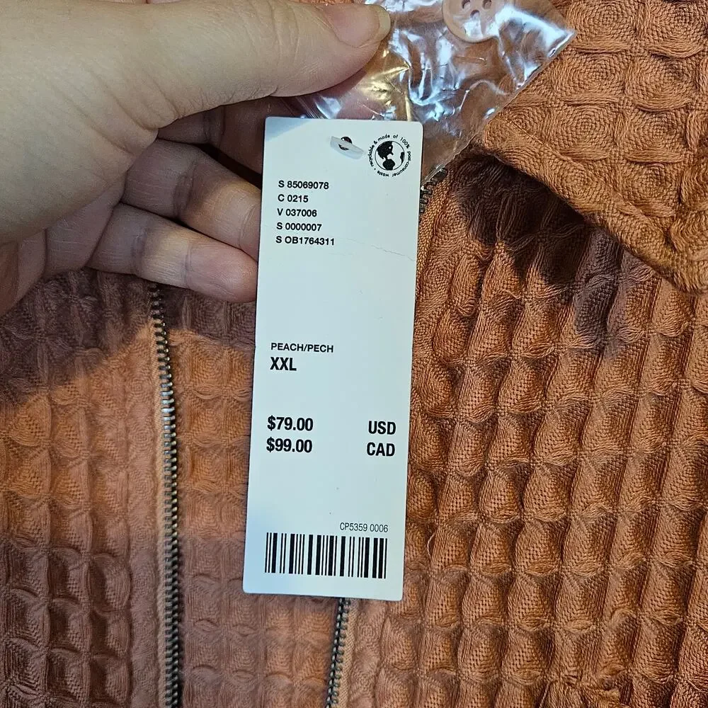 Urban Outfitters Standard Cloth Waffle‎ Knit Zip Shirt Peach Men's XXL NWT FLAW